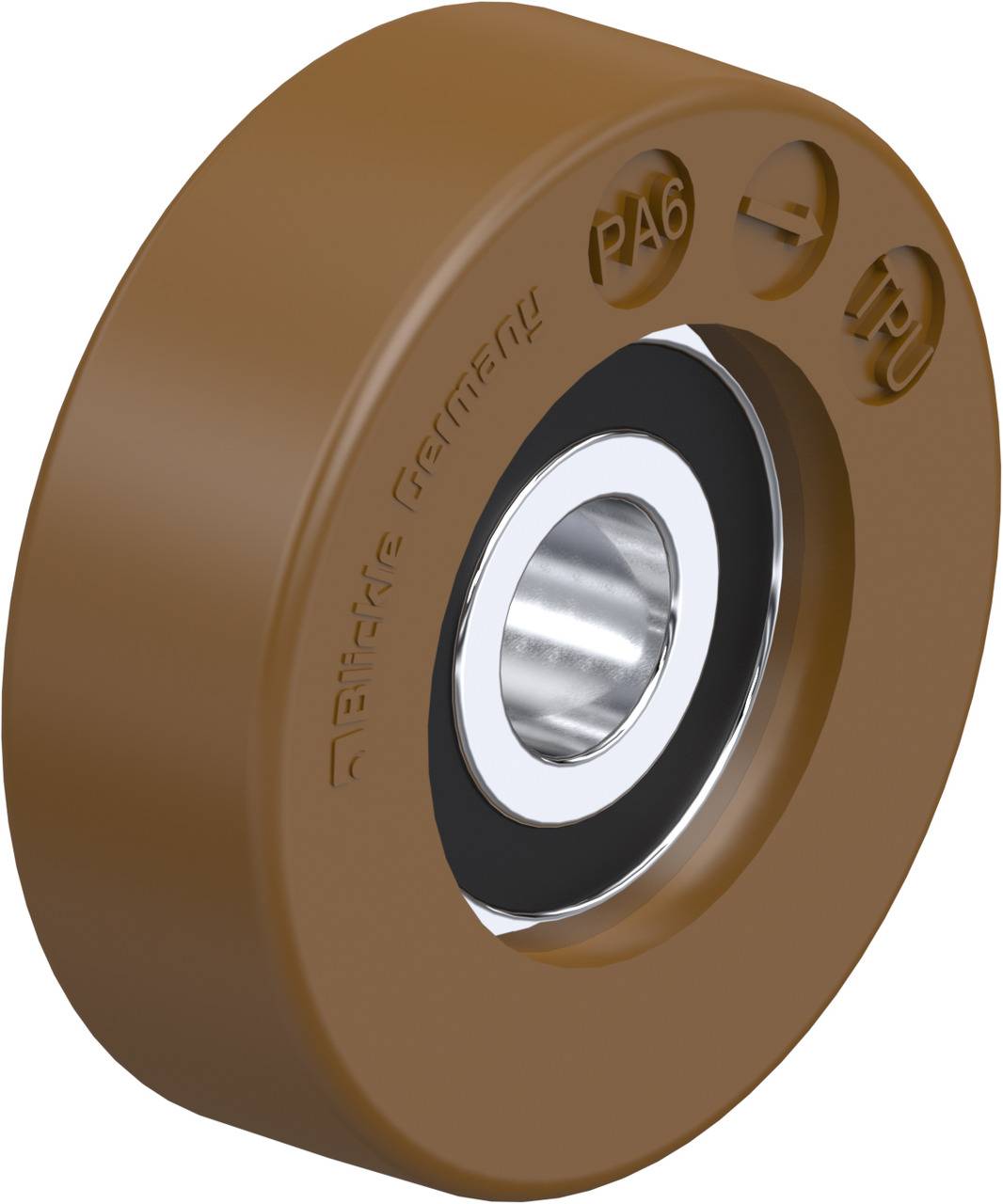 Braunes Rad mit silbernem Innenlager, Aufschrift 'PA6' und 'TPU' und 'Binder Germany'.