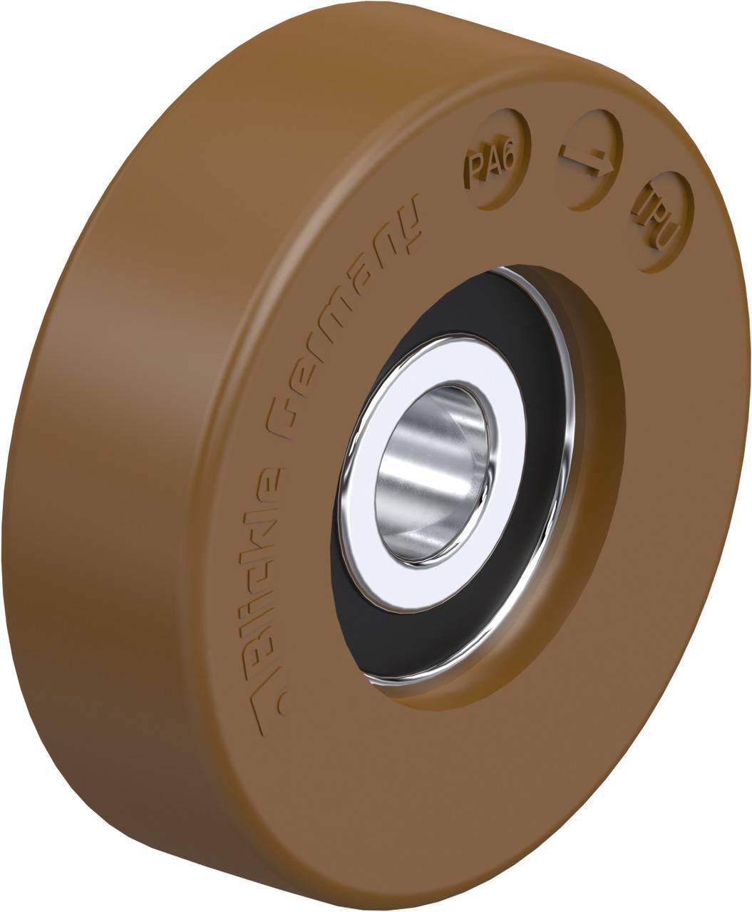 'Abec' Kugellager in braunem Kunststoffmantel. Aufschrift: 'PA6', 'TPU', 'Blume Germany'.