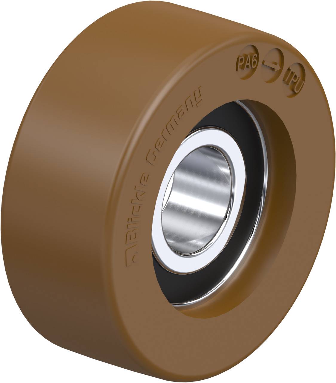 Braunes Industrie- oder Maschinenrad mit Metalllager in der Mitte. Aufschrift 'PA6' und 'TPU'. Hauptsächlich für technische Anwendungen.