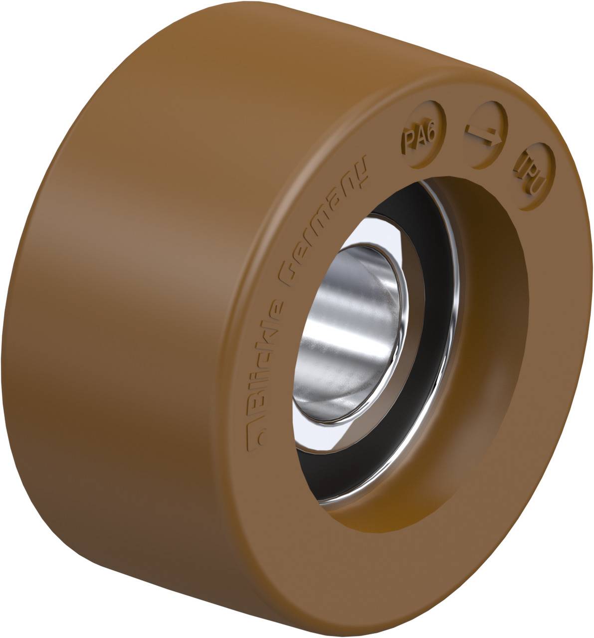 Braunes Kunststoffrad mit silberner Metallbuchse, Aufschrift 'PA6', 'TPU', 'Blickle Germany'. Eignung für Rollen oder technische Anwendungen.