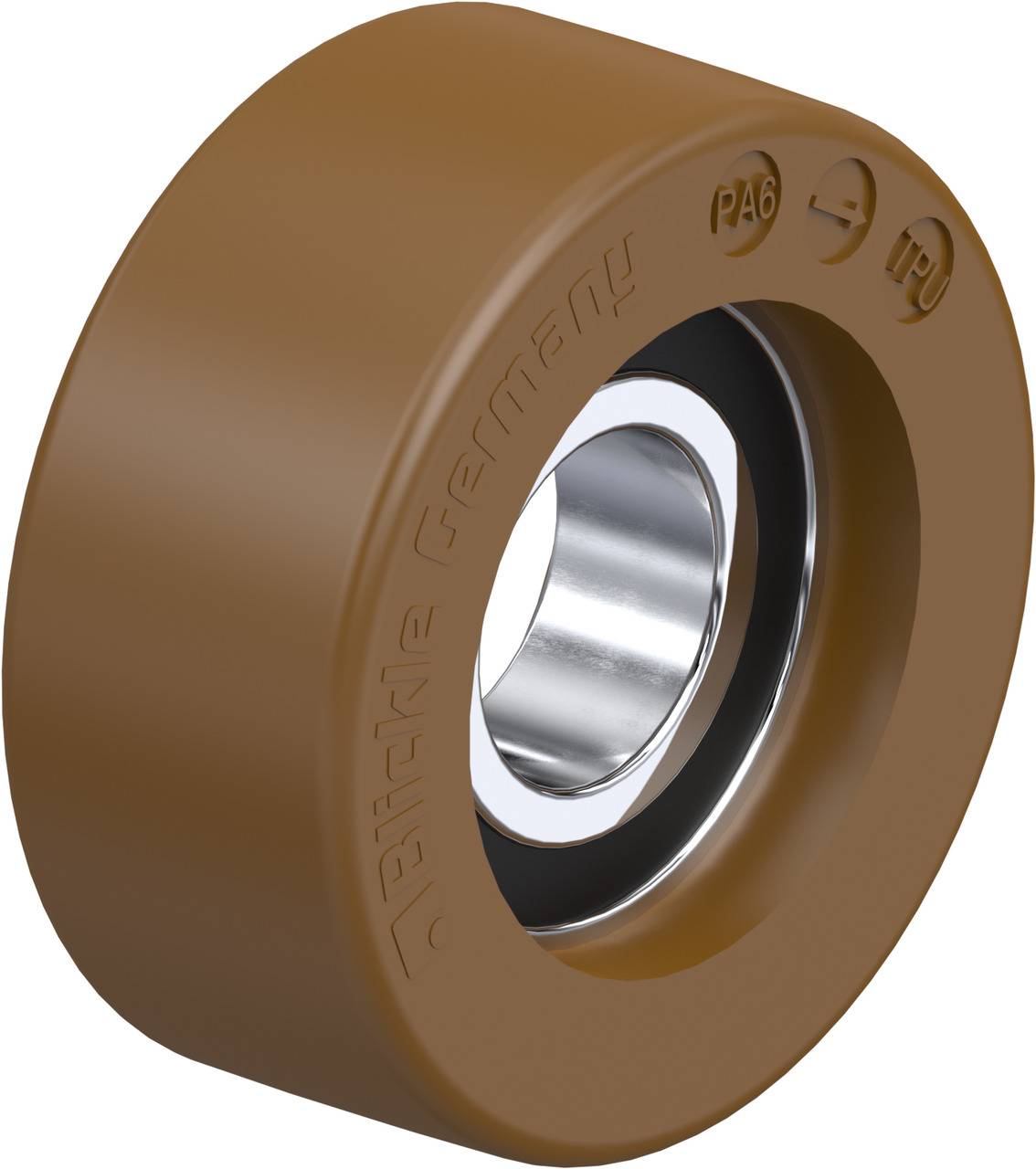 Kunststoffrad mit metallischem Innenlager, braune Farbe. Aufschrift 'PA6' und 'Made in Germany'. Geeignet für industrielle Anwendungen.
