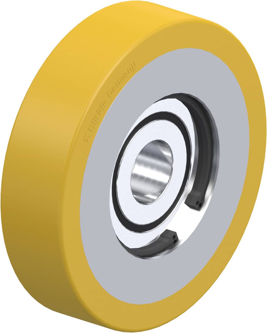 Gelbes Rad mit integriertem Metalllager, geeignet für technische Anwendungen oder Maschinen.