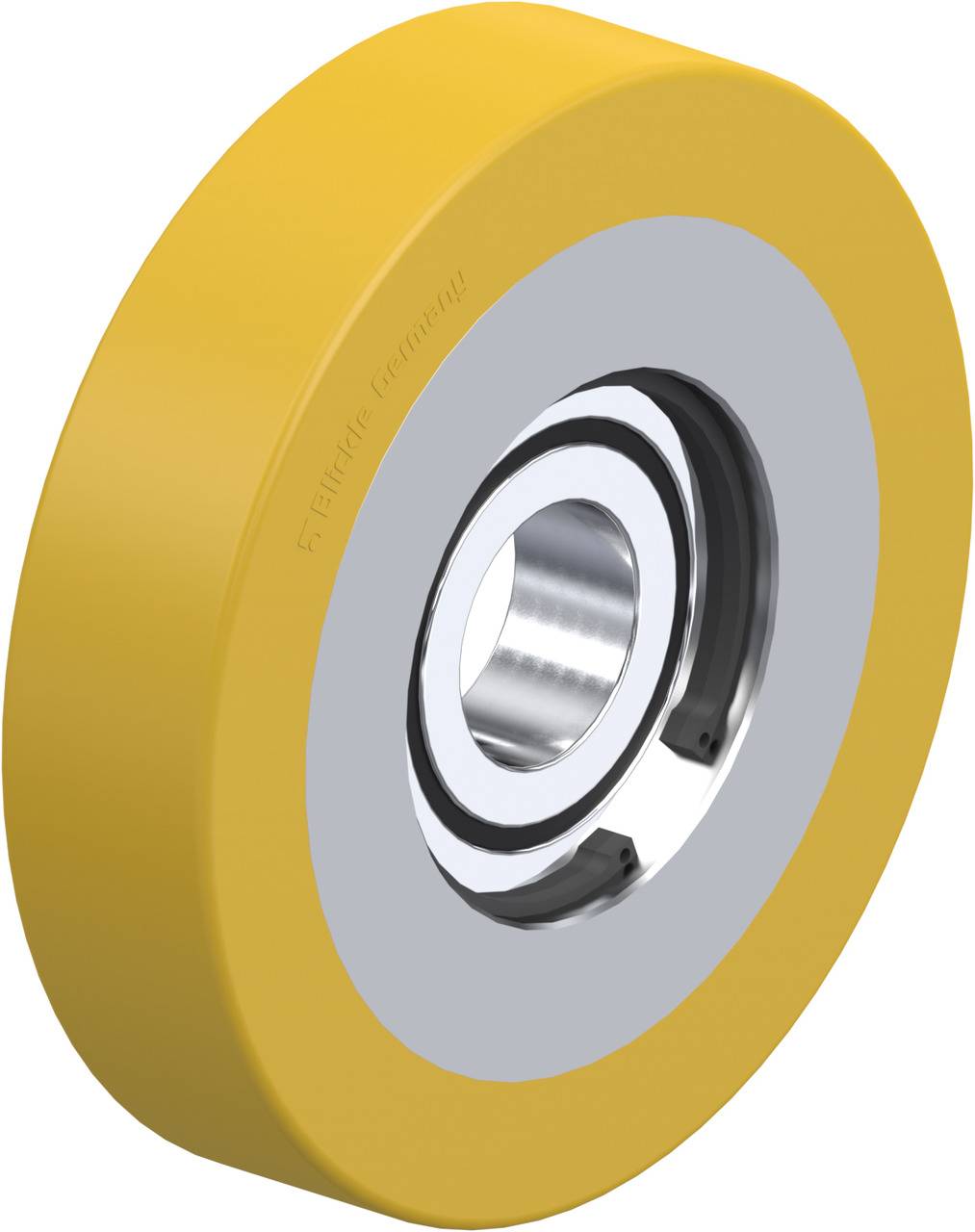 Gelbes Rad mit zentralem Metalllager, das häufig für industrielle Anwendungen genutzt wird. Es zeigt Robustheit und Funktionalität.
