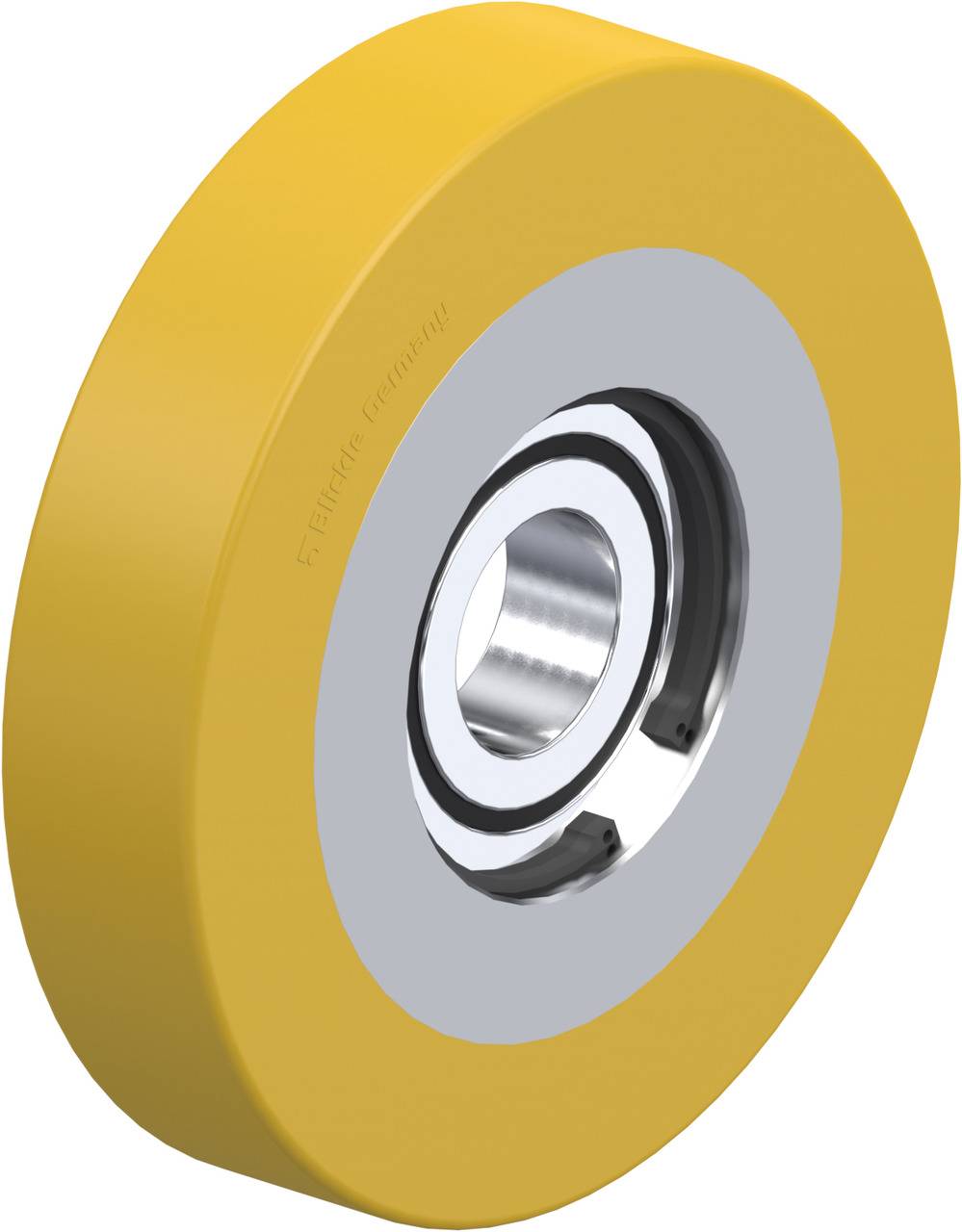 Gelbes Laufrad mit silbernem Kugellager, verwendet in Transportgeräten für sanfte Bewegung und Haltbarkeit.