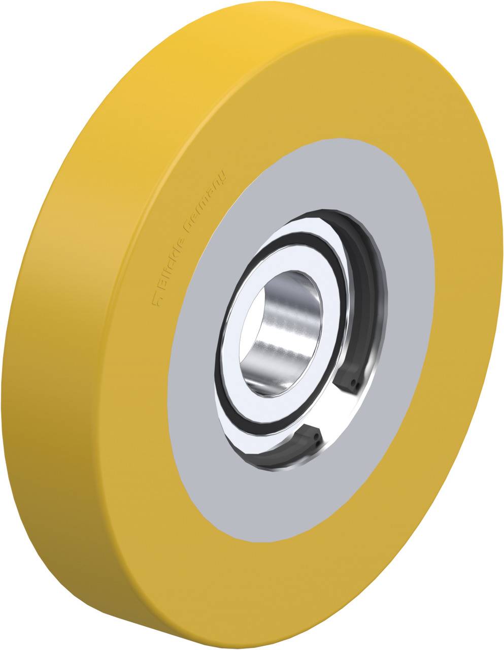 Ein gelbes Rad mit Metalllager und Innenring, oft verwendet bei Maschinen und Transportgeräten.