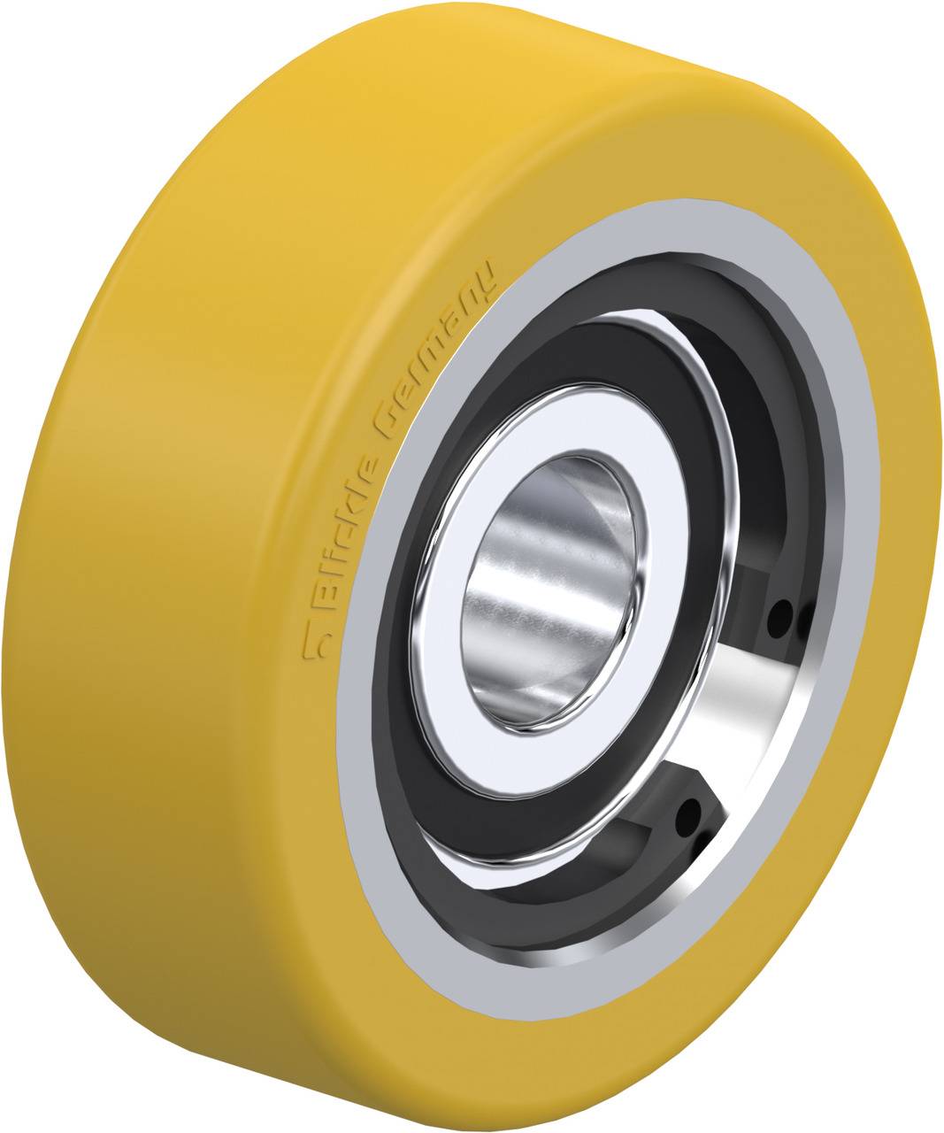 Gelbes Rad mit metallischem Kern, geeignet für eine Vielzahl von Anwendungen, bietet hohe Stabilität und Langlebigkeit.