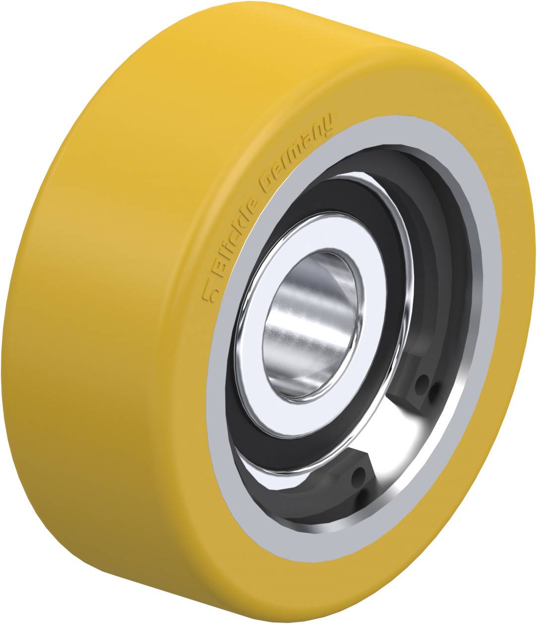 Gelbes Industrieradlager mit Metallkern, geeignet für Maschinenteile.