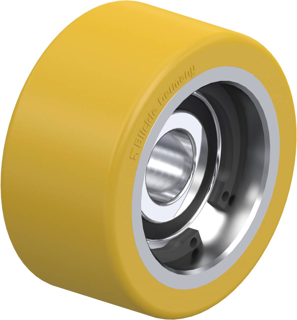 Ein gelbes Rad mit silbernem Lager, geeignet für industrielle Anwendungen.