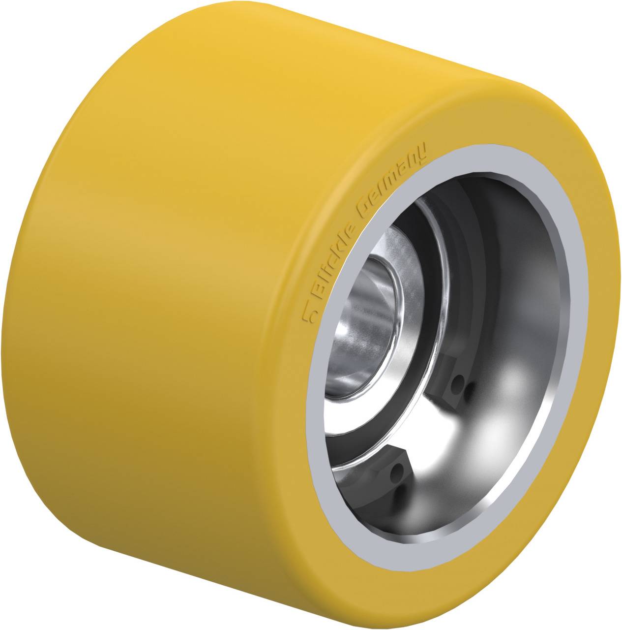 Gelbes Rad mit silbernem Innenring, wahrscheinlich Teil eines Industriemaschinensystems. Wichtig für Bewegungsmechanismen.
