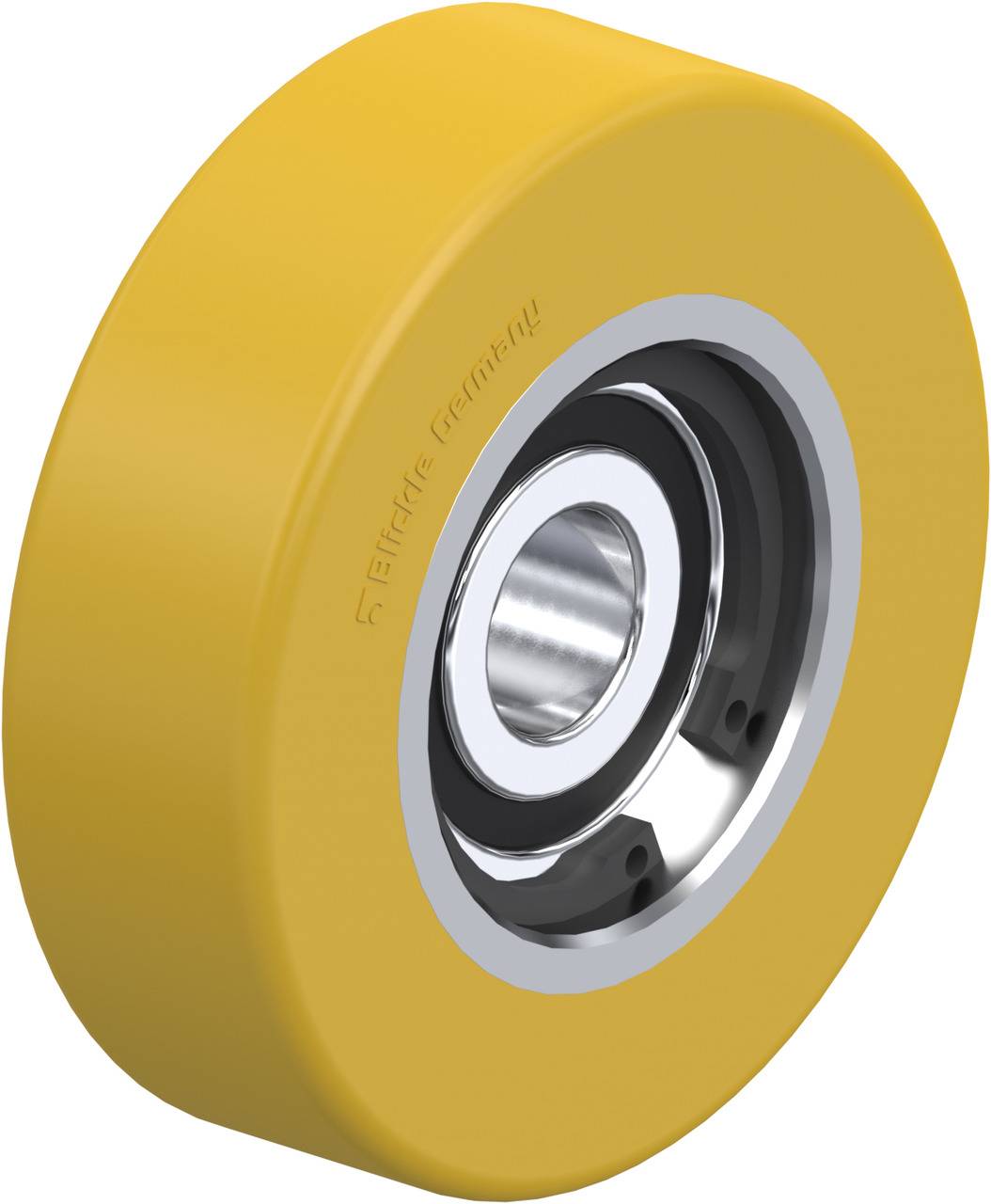 Gelbes Rad mit zentraler Metalllagerung, geeignet für Geräte oder Maschinenmontage, Detailansicht des Innenlagers sichtbar.