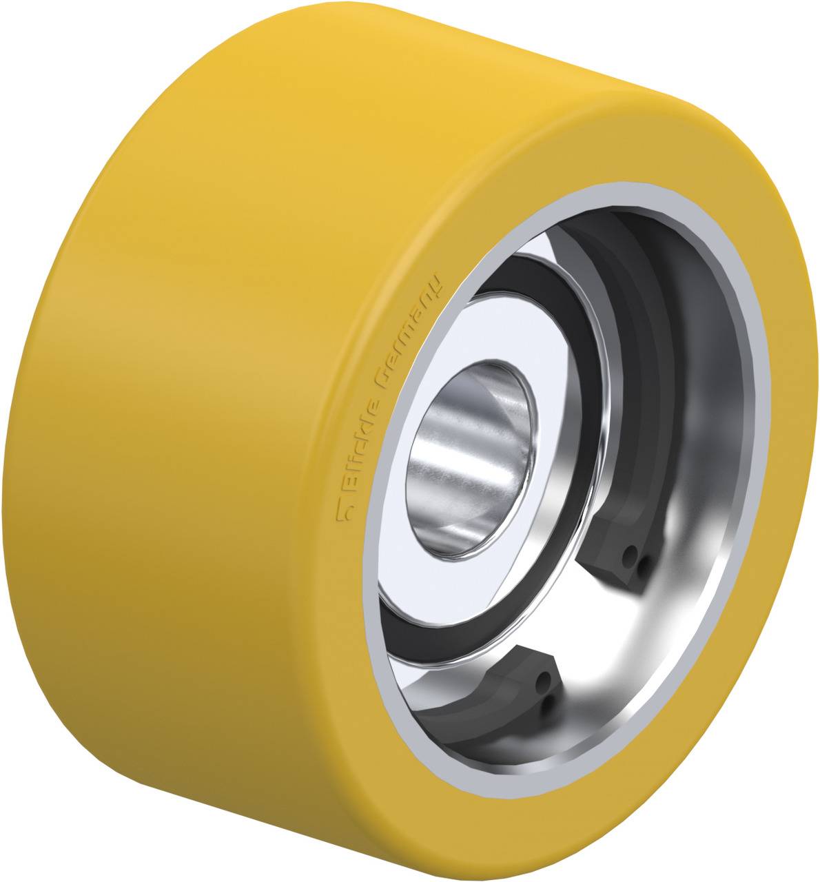 Gelbes Rad aus Metall und Gummi, häufig in Maschinen verwendet, zeigt Innenlager und glatte, robuste Struktur.