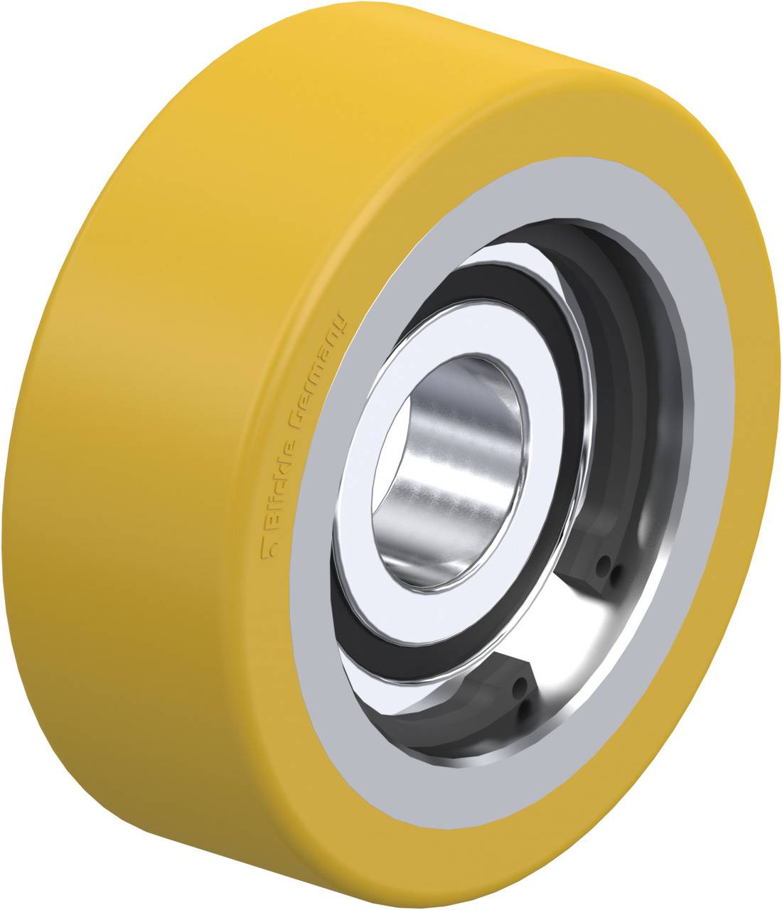 Gelbes Rad aus Polyurethan mit silbernem Metallkern, geeignet für industrielle Anwendungen.