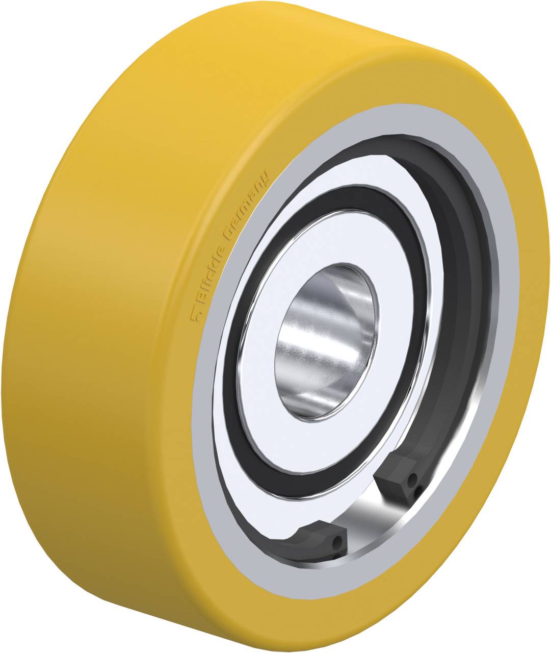 Industrie-Gummirad mit silbernem Metallkern, geeignet für Maschinen oder Transportwagen in industriellen Anwendungen.