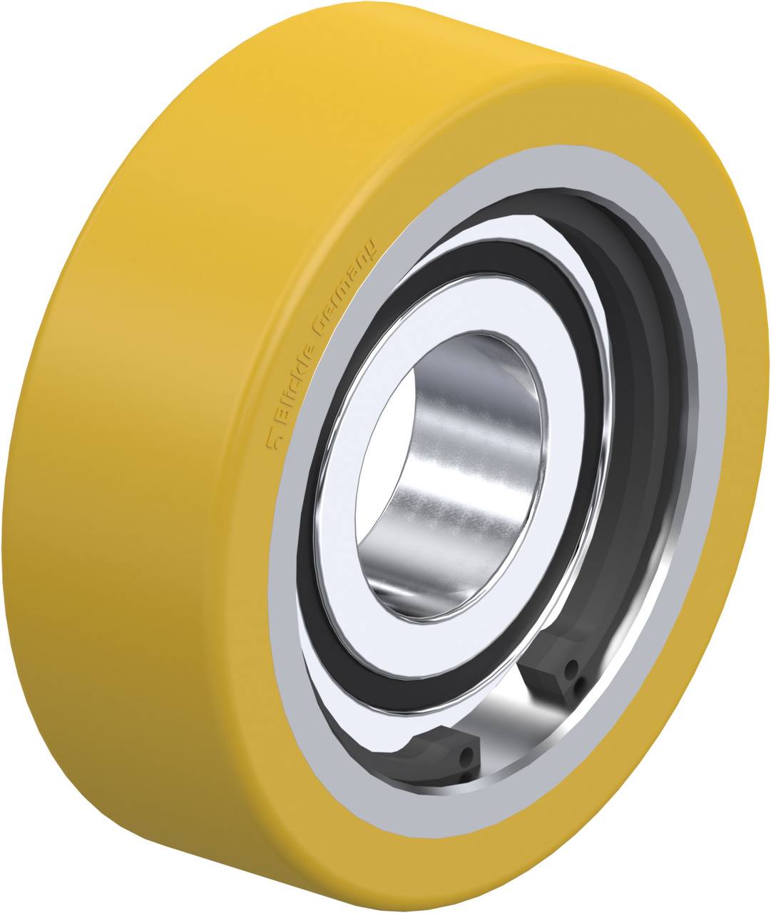 Gelbes Rad mit silbernem Innenlager, vermutlich ein industrielles Laufrollenlager, verwendet zur Unterstützung von Maschinenbewegungen.