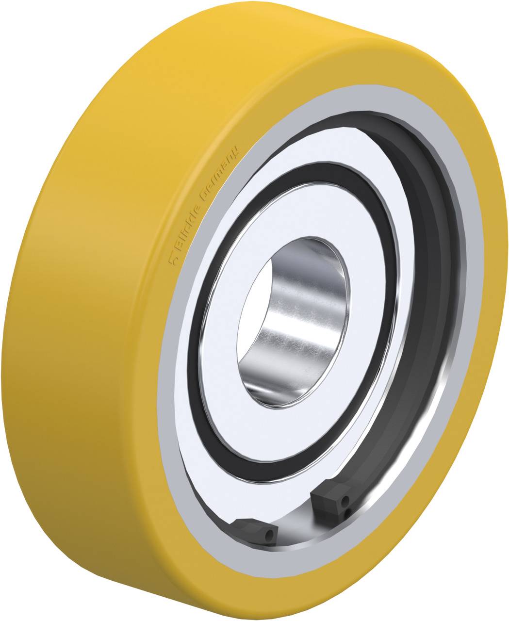 Ein gelbes Rad mit einem silbernen Innenring und einem schwarzen Gummieinsatz. Eignet sich für technische Anwendungen.