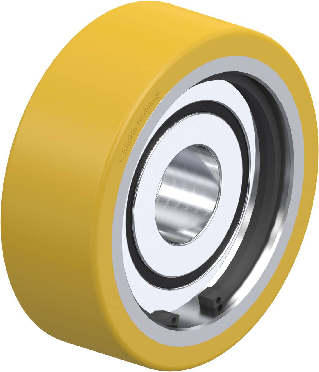 Ein gelbes Rad mit metallischem Kugellager in der Mitte, das für industrielle Anwendungen verwendet wird.