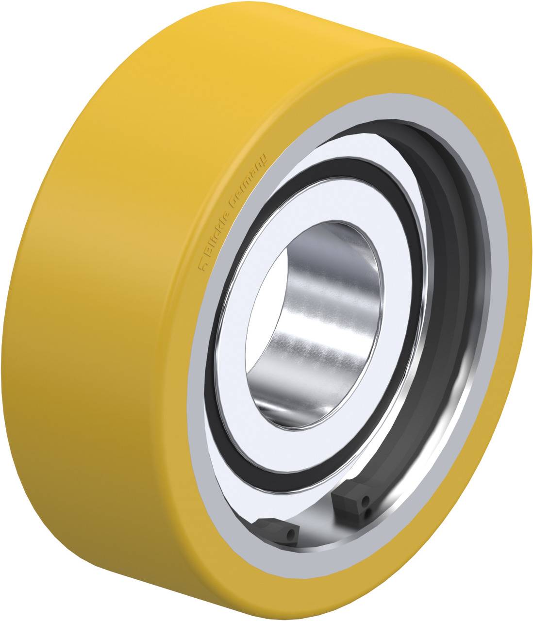 Gelbes Rad mit Metallkugellager, industriell genutzt, für Maschinenbeweglichkeit.