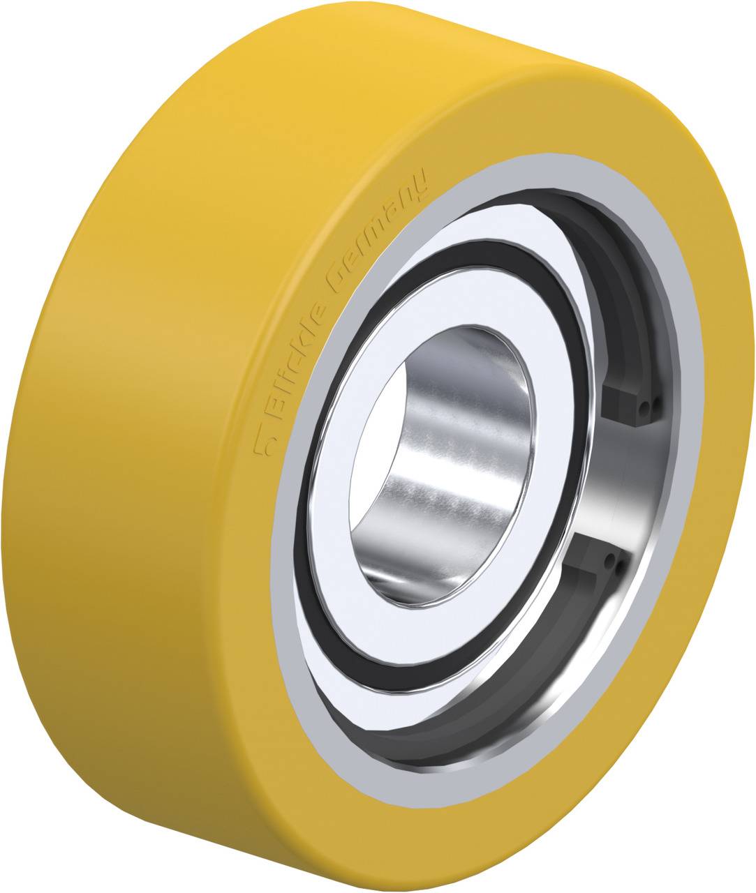 Gelbes Kugellager aus Kunststoff, mit glänzendem Metall im Inneren, symbolisiert industrielle Bewegung und Mechanik.