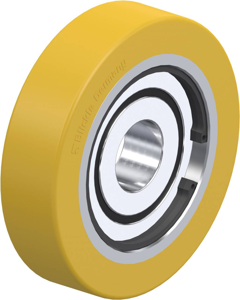 Industrielles Radlager mit gelber Gummiummantelung und metallischem Innenring, geeignet für geräuscharme und langlebige Anwendungen.