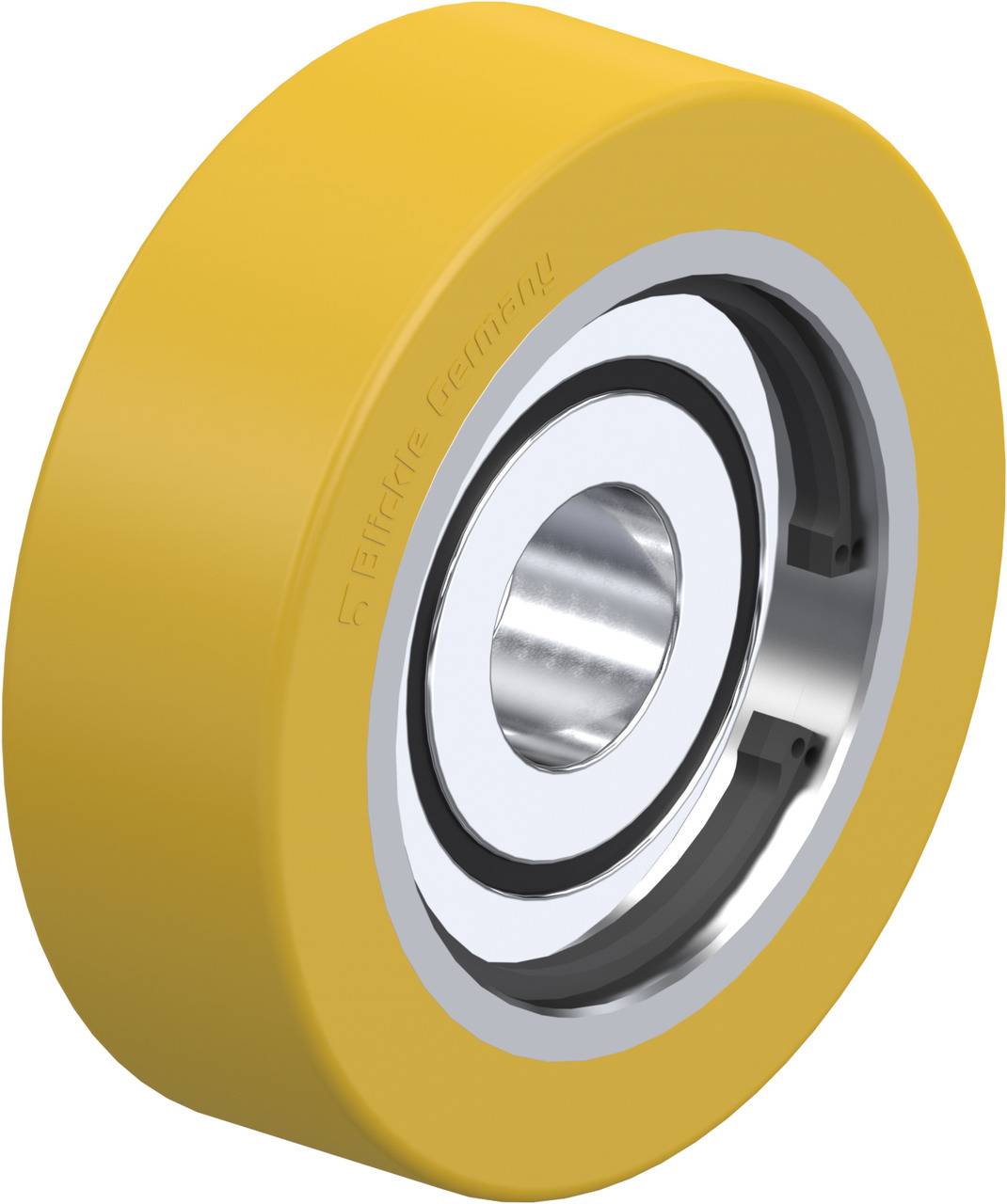 Ein gelbes Industriekugelradlager mit silbernen metallischen Elementen, zeigt die Innenstruktur und Details der Konstruktion.