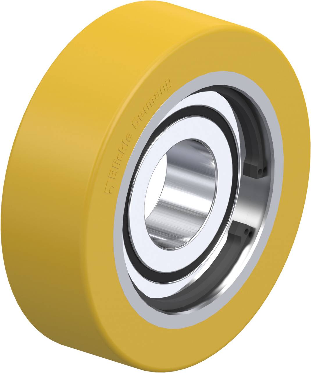 Ein gelbes Kugellager mit Metallringen, geeignet für industrielle Anwendungen. Es zeigt eine polierte Oberfläche und präzise Mechanik.