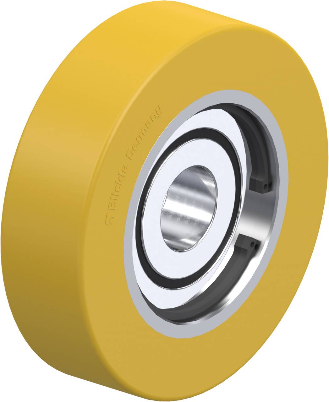 Gelbes Rad mit integriertem Kugellager, geeignet für Maschinenbau oder industrielle Anwendungen.
