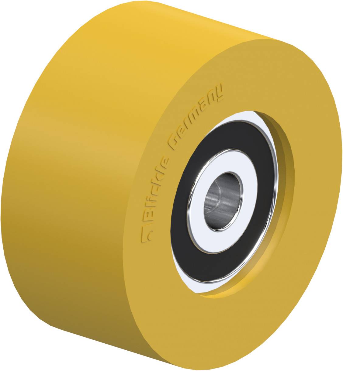 Gelbes Rad mit einem Metallkern und einem Kugellager in der Mitte, geeignet für industrielle Anwendungen. Markenname eingraviert.