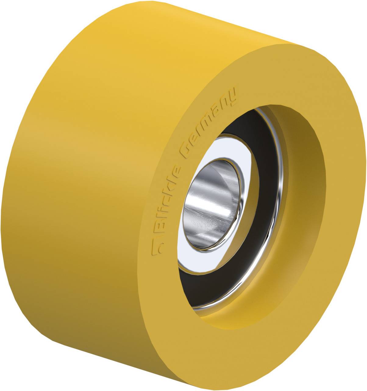 Gelbes Rad mit Metallkern und Kugellager, seitlich aufgenommen. Geeignet für industrielle Anwendungen oder Maschinenbau.
