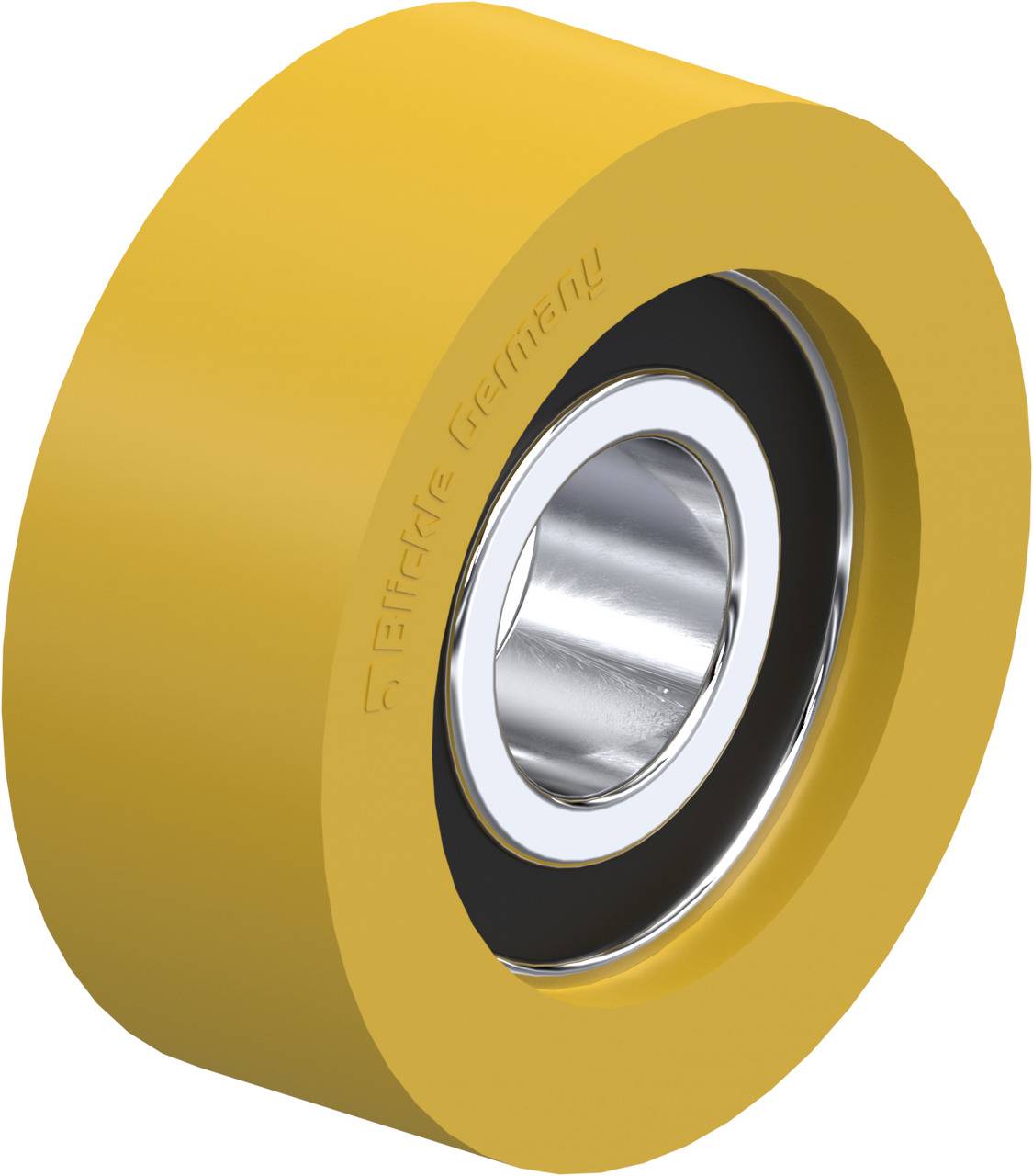 Gelbes Rad mit Metallkugellager in der Mitte. Auf der Radaußenseite steht in kleiner Schrift 'birdie germany'.