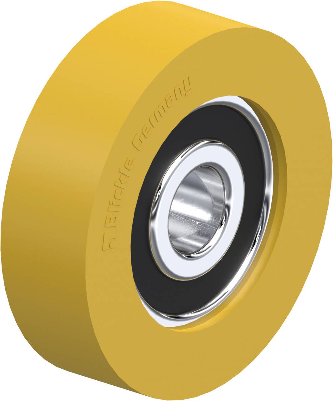 Ein gelbes Rad mit einem Metallkern, vermutlich ein Kugellager oder Industrieteil, deutet auf eine Anwendung in Maschinen oder Transport hin.