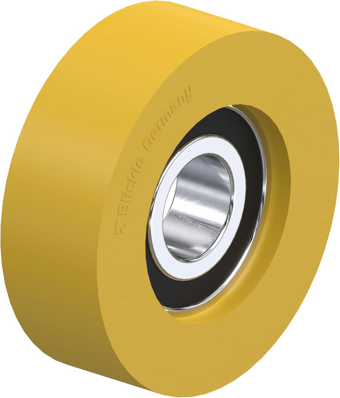 Ein gelbes Rollenrad mit Metallkern und schwarzer Dichtung, geeignet für industrielle Anwendungen.