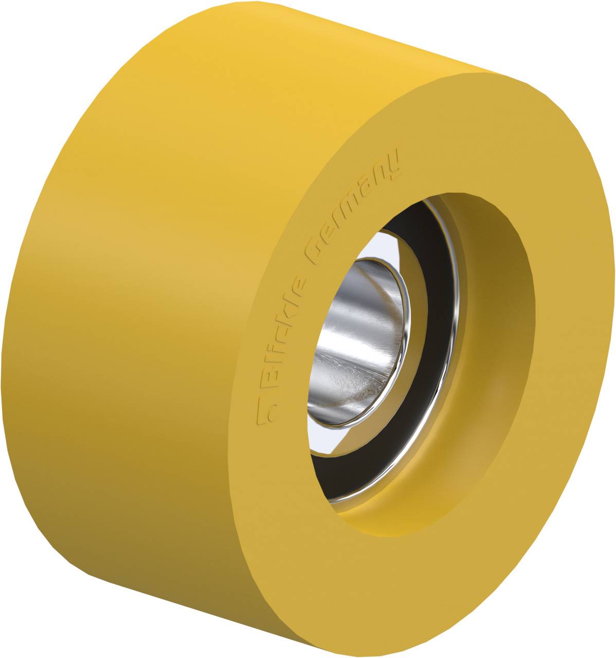 Gelbes Rad mit silbernem Kugellager, seitlich beschriftet, auf weißem Hintergrund. Hauptbestandteil eines Rollapparats oder Skaters.