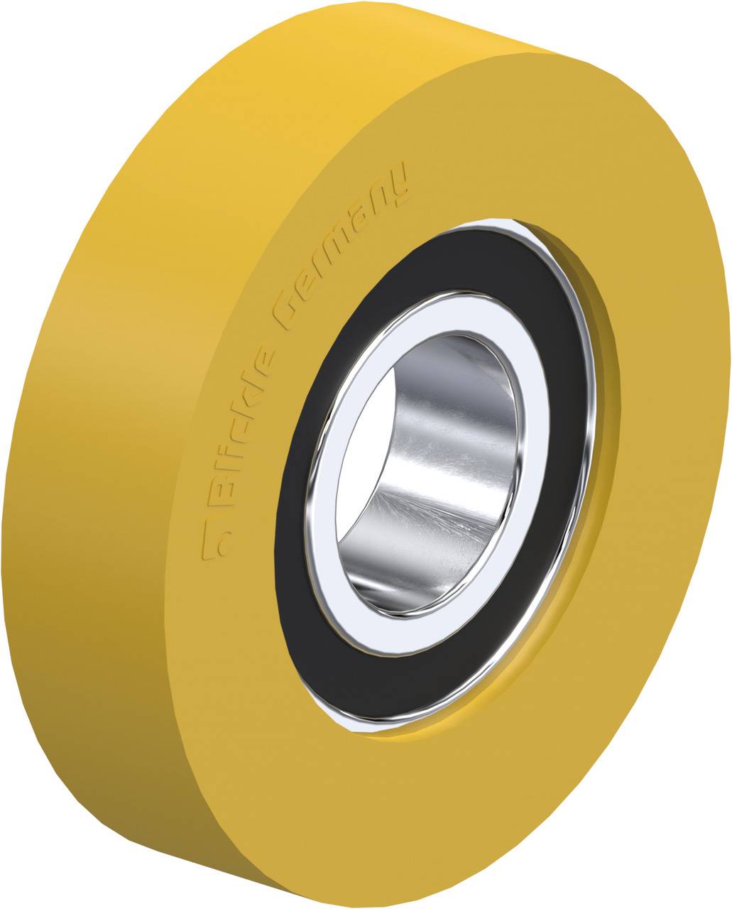 'Gelbes Radlager mit silbernen, metallischen Innenringen und schwarzem Dichtungsring, markiert mit 