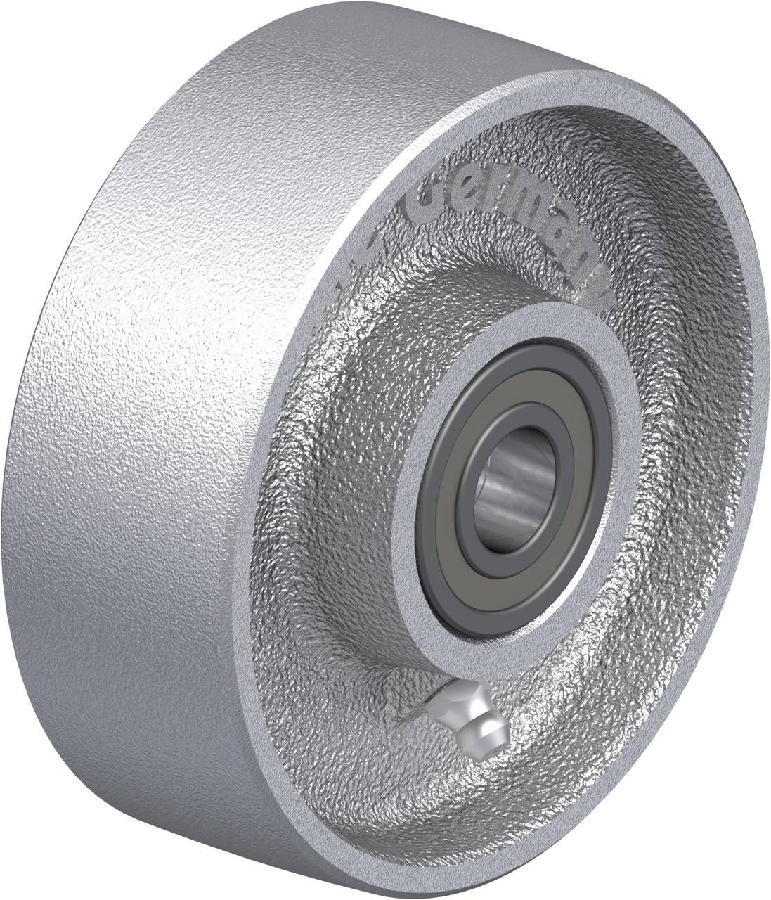 Metallrolle mit Kugellager, graue Oberfläche, markiert mit 'Germany'.