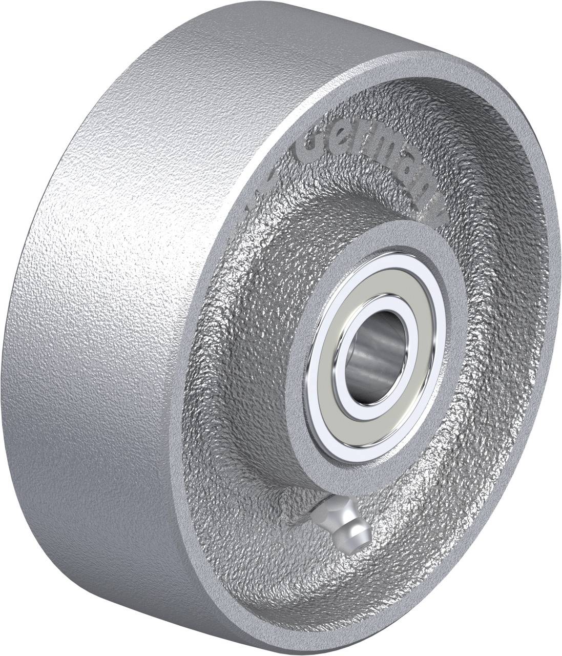 Ein Metallrad mit integriertem Kugellager, beschriftet mit 'Germany', zeigt eine strukturierte Oberfläche und ist für technische Anwendungen geeignet.