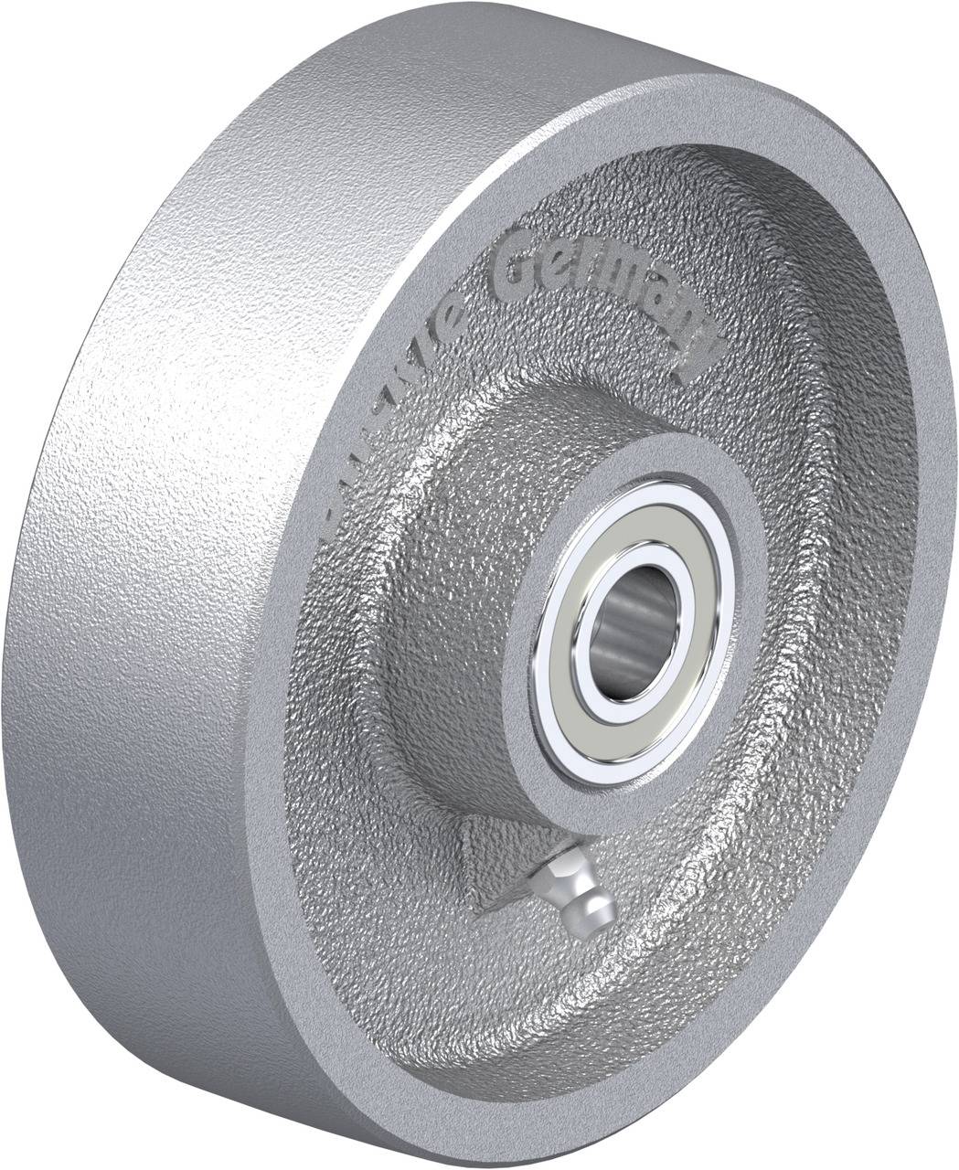 Metallrolle mit integriertem Kugellager und der Aufschrift 'Made in Germany' auf der Oberfläche.