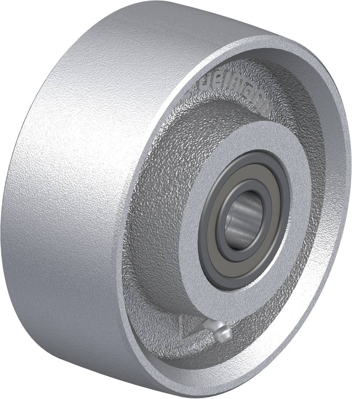 Metallrolle mit integriertem Kugellager, staubige Oberfläche. Geeignet für schwere Lasten und industrielle Anwendungen.