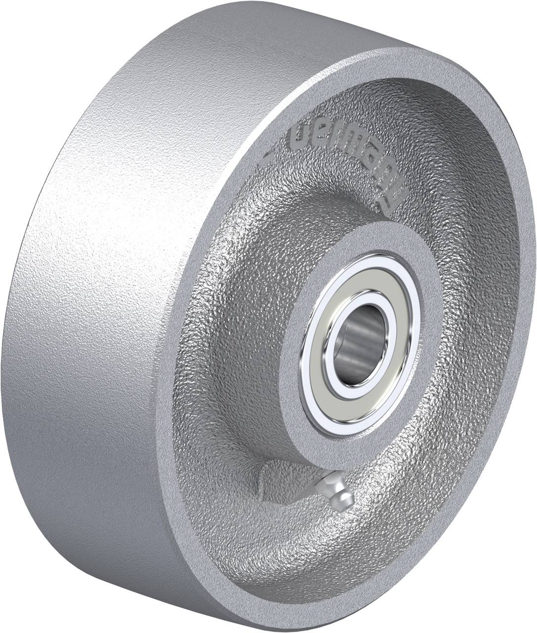 Metallrad mit Kugellager, für industrielle Anwendungen. Oberfläche strukturiert, robuste Bauweise für schwere Lasten.