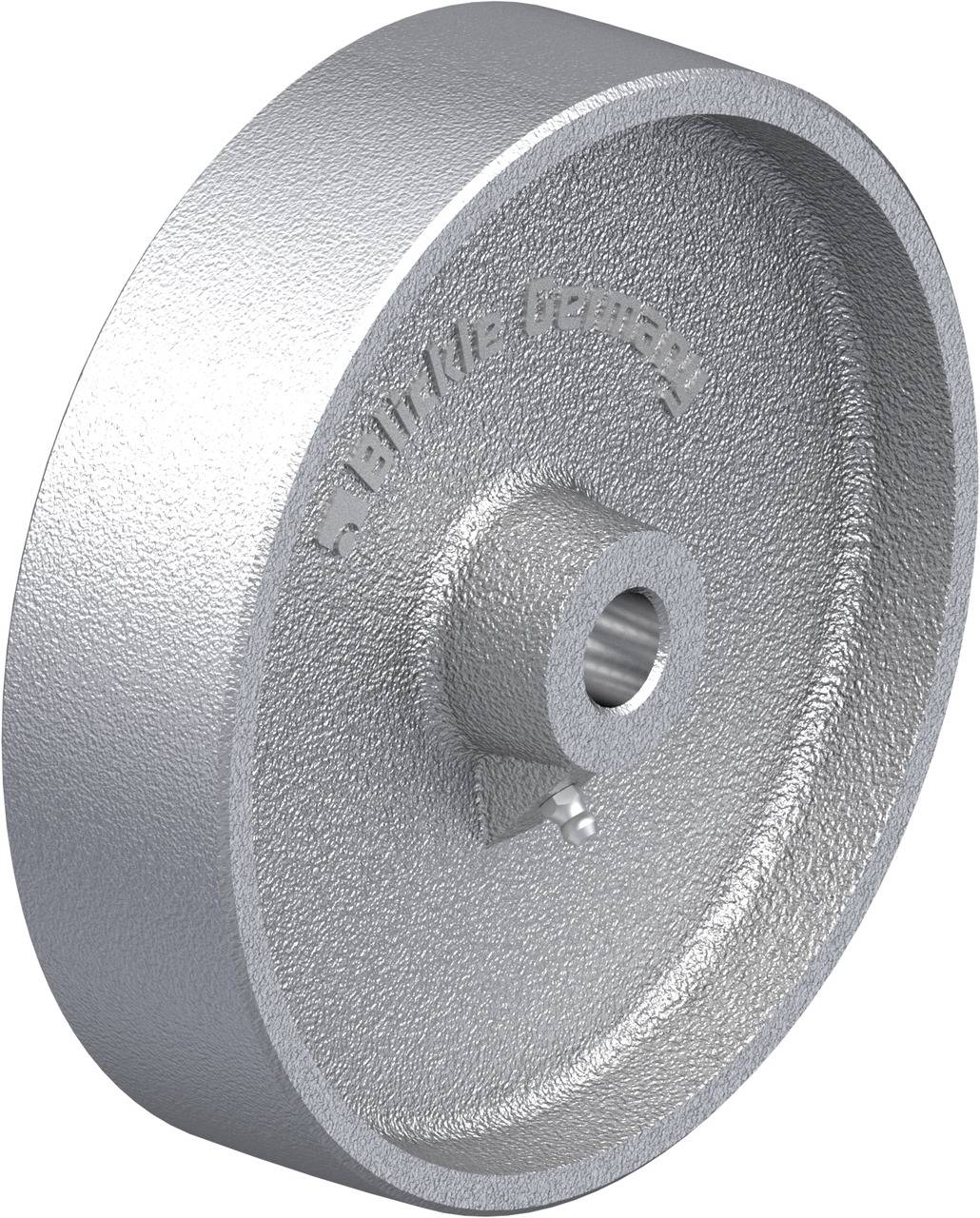 Metallrad aus Gusseisen mit glatter Oberfläche, zentralem Loch und erhabener Beschriftung auf der Vorderseite.