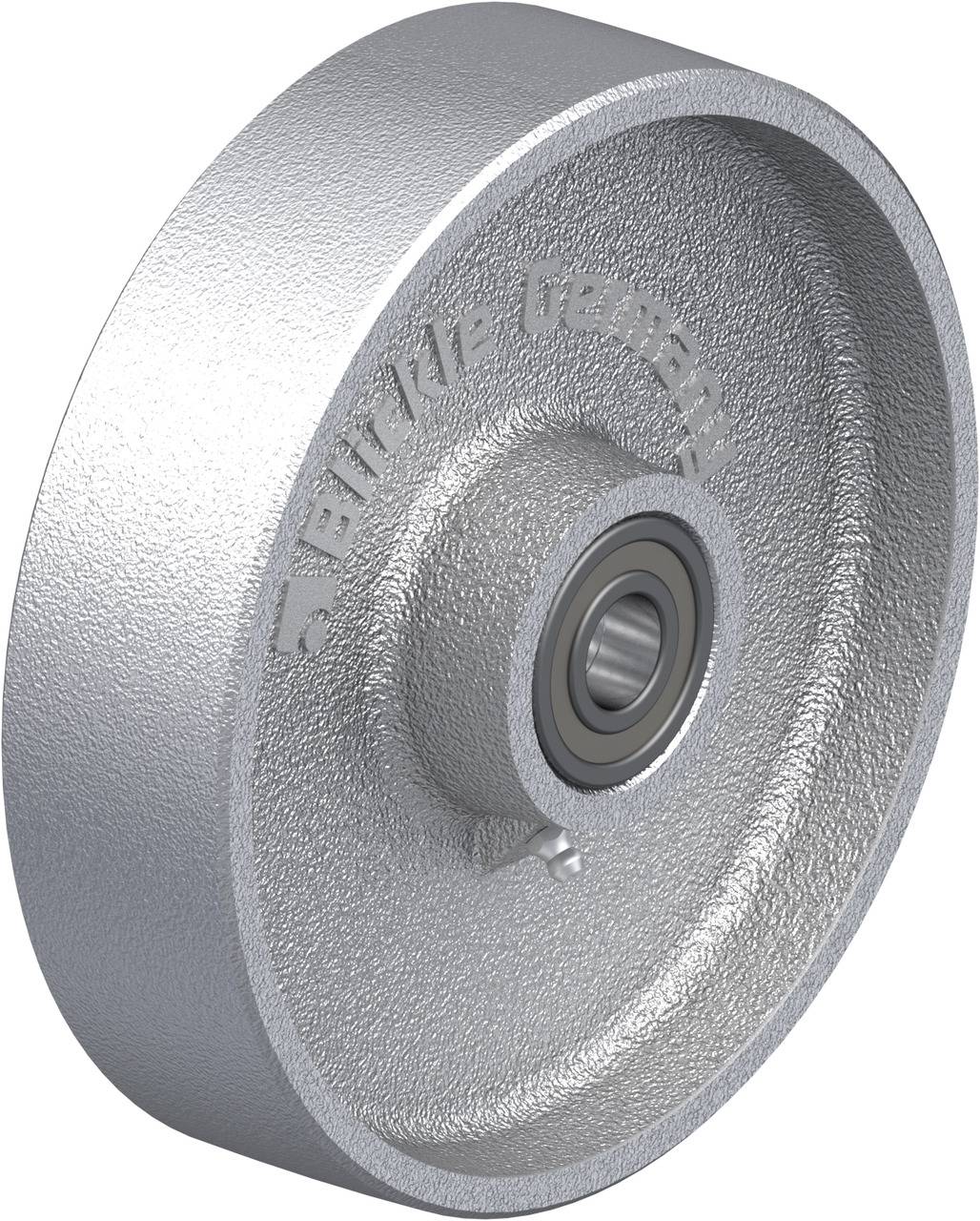 Ein einzelnes silbernes Metallrad mit geriffelter Oberfläche und einem zentralem Kugellager, geeignet für industrielle Anwendungen.