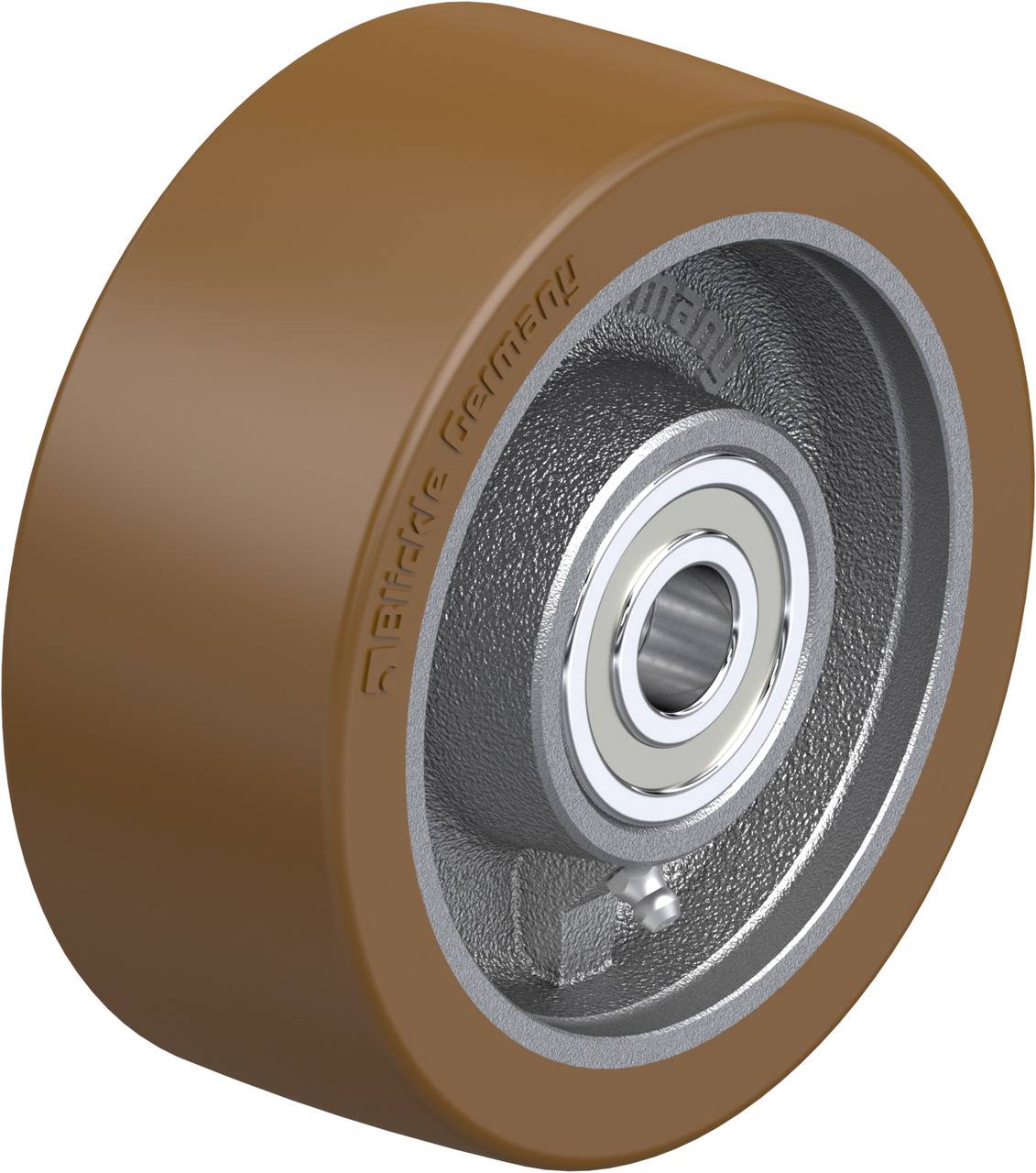 Rundes Rad aus Metall mit brauner Gummibeschichtung und integriertem Kugellager, geeignet für Transportgerätschaften.