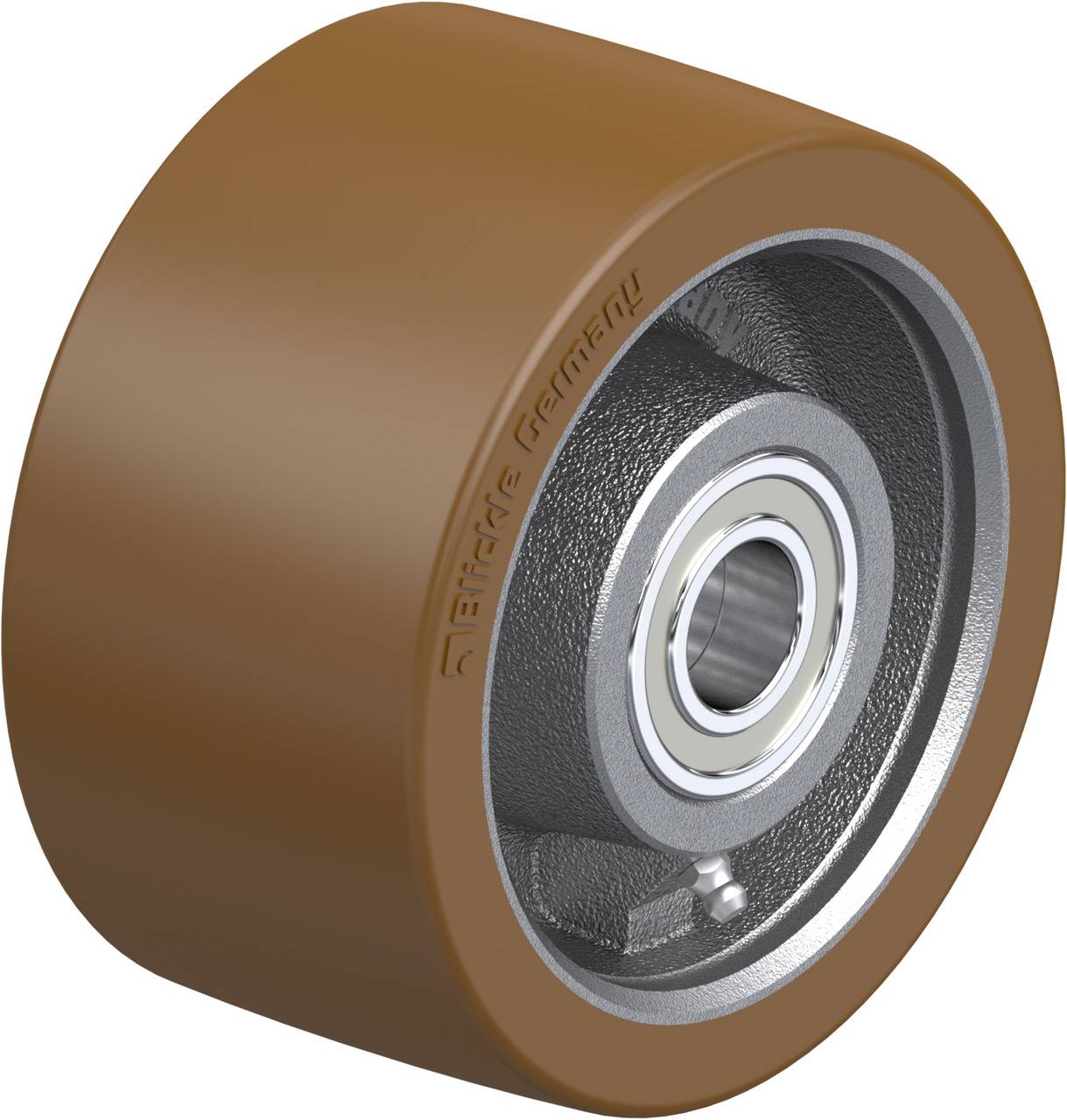 Braunes Rad mit metallischem Kern und Lager, geeignet für industrielle Anwendungen. Relieftext ist sichtbar.