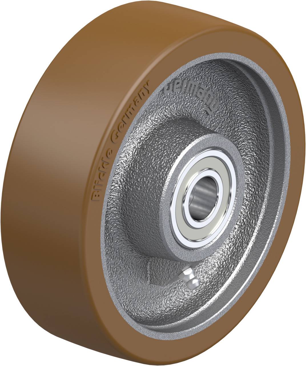 Braunes Industriekolbenrad mit Metallkern und Kugellager, geeignet für schwere Lasten in Lagerhaltung und Transportanwendungen.