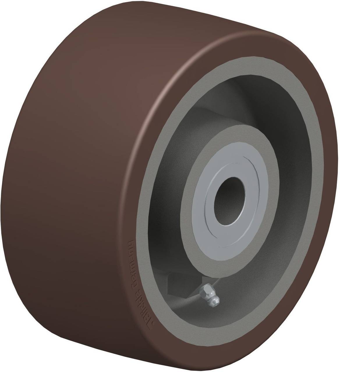 Braunes industrielles Rad mit grauem Innenring und Achse, geeignet für schwere Lasten.