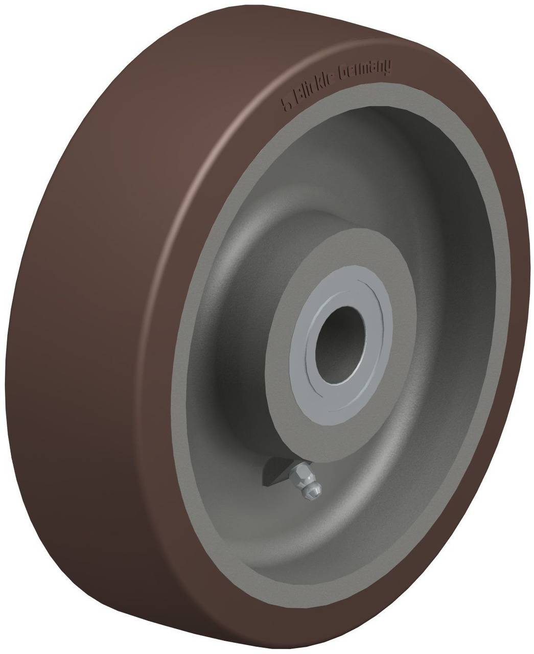 Ein Rad mit braunem Gummiüberzug und Metallkern, seitliche Ansicht. Geeignet für industrielle Anwendungen oder Transportgeräte.