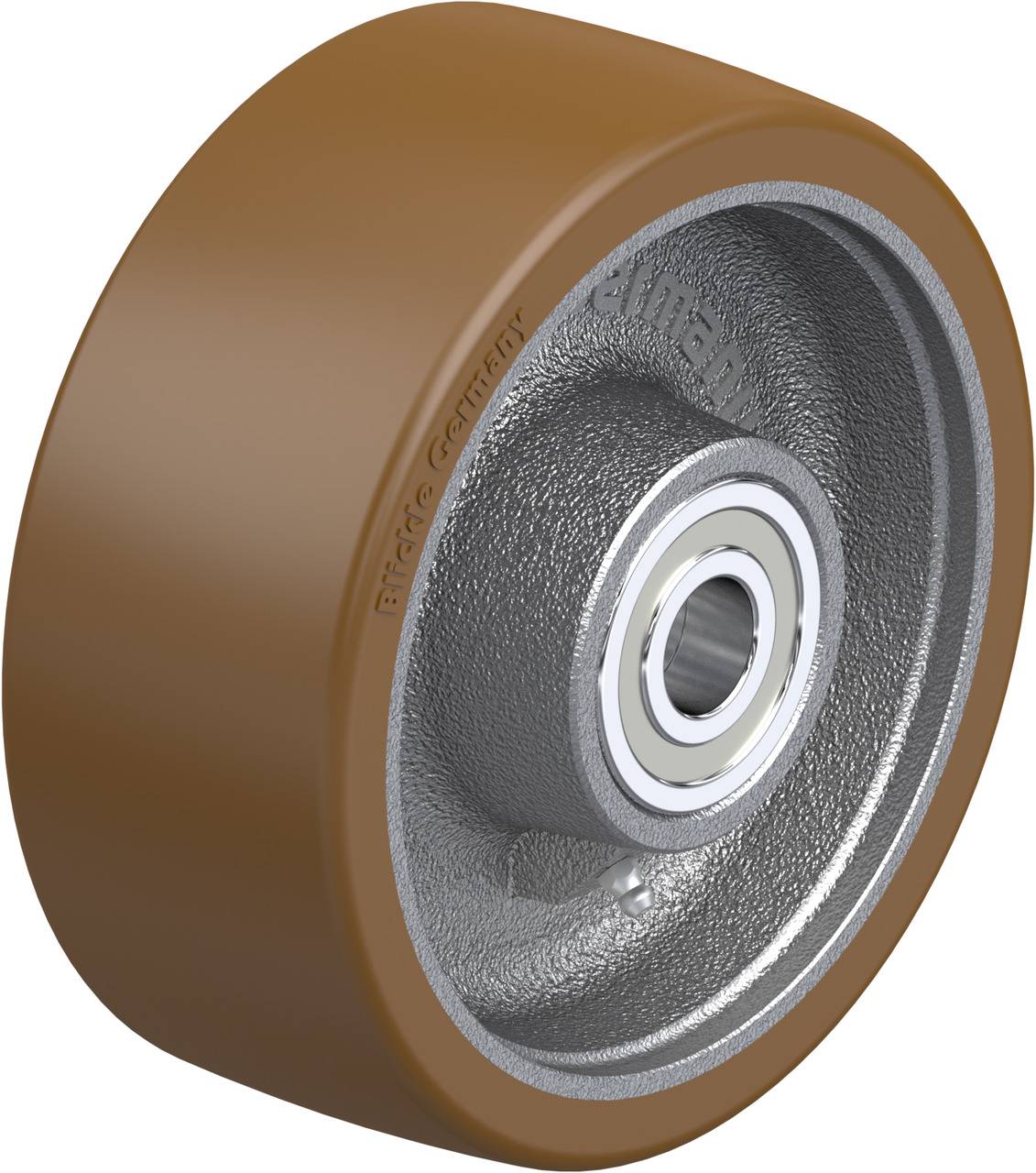 Graues Metallrad mit brauner Gummi-Lauffläche, zentralem Kugellager und beschrifteter Felge, geeignet für industrielle Anwendungen.