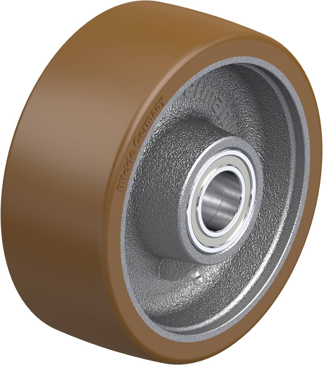 'Nahaufnahme eines braunen Radmaterials mit Metallkern und Lager in der Mitte. Text 