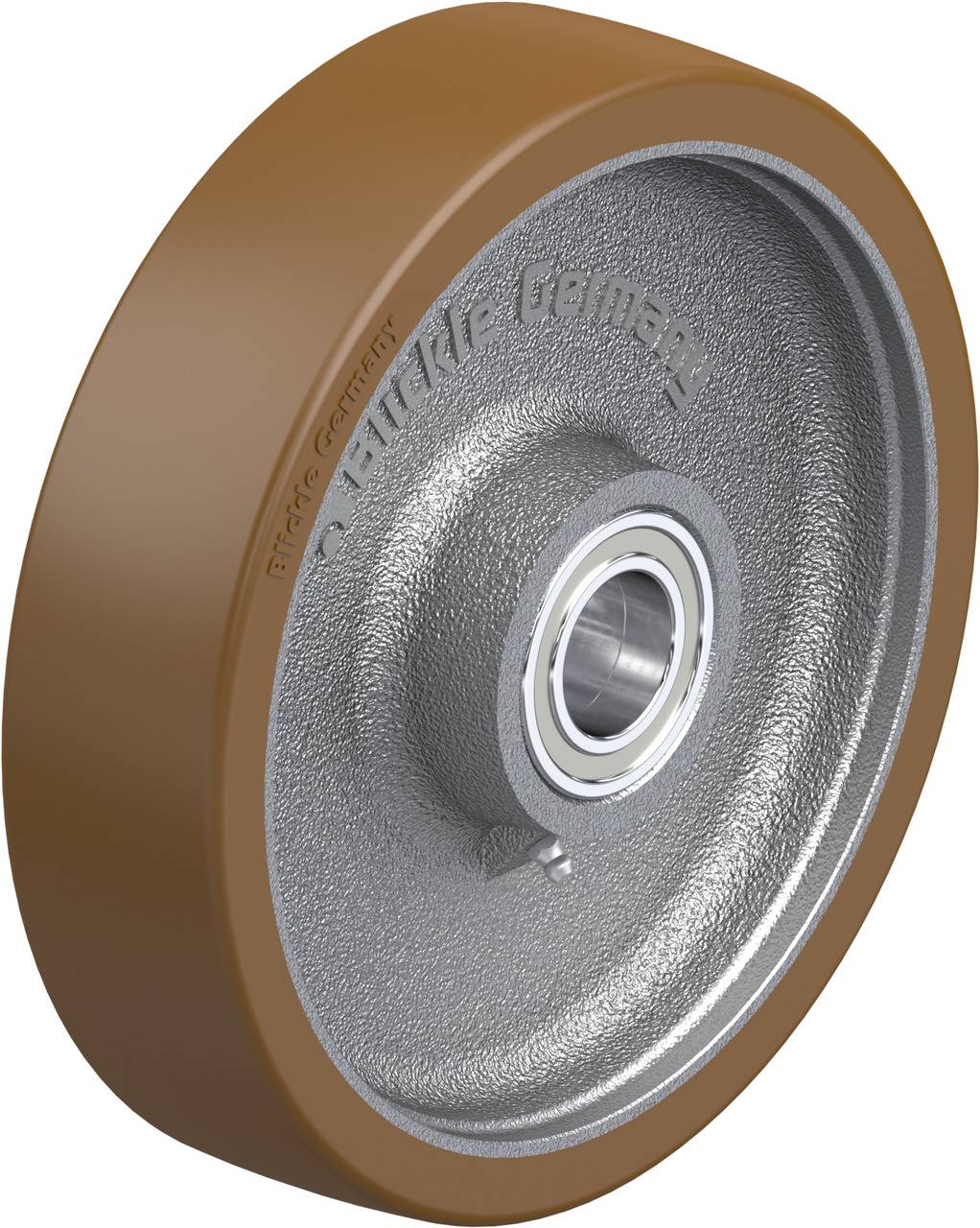 Graues Metallrad mit brauner Gummilauffläche und mittigem Kugellager, geeignet für industrielle Anwendungen.