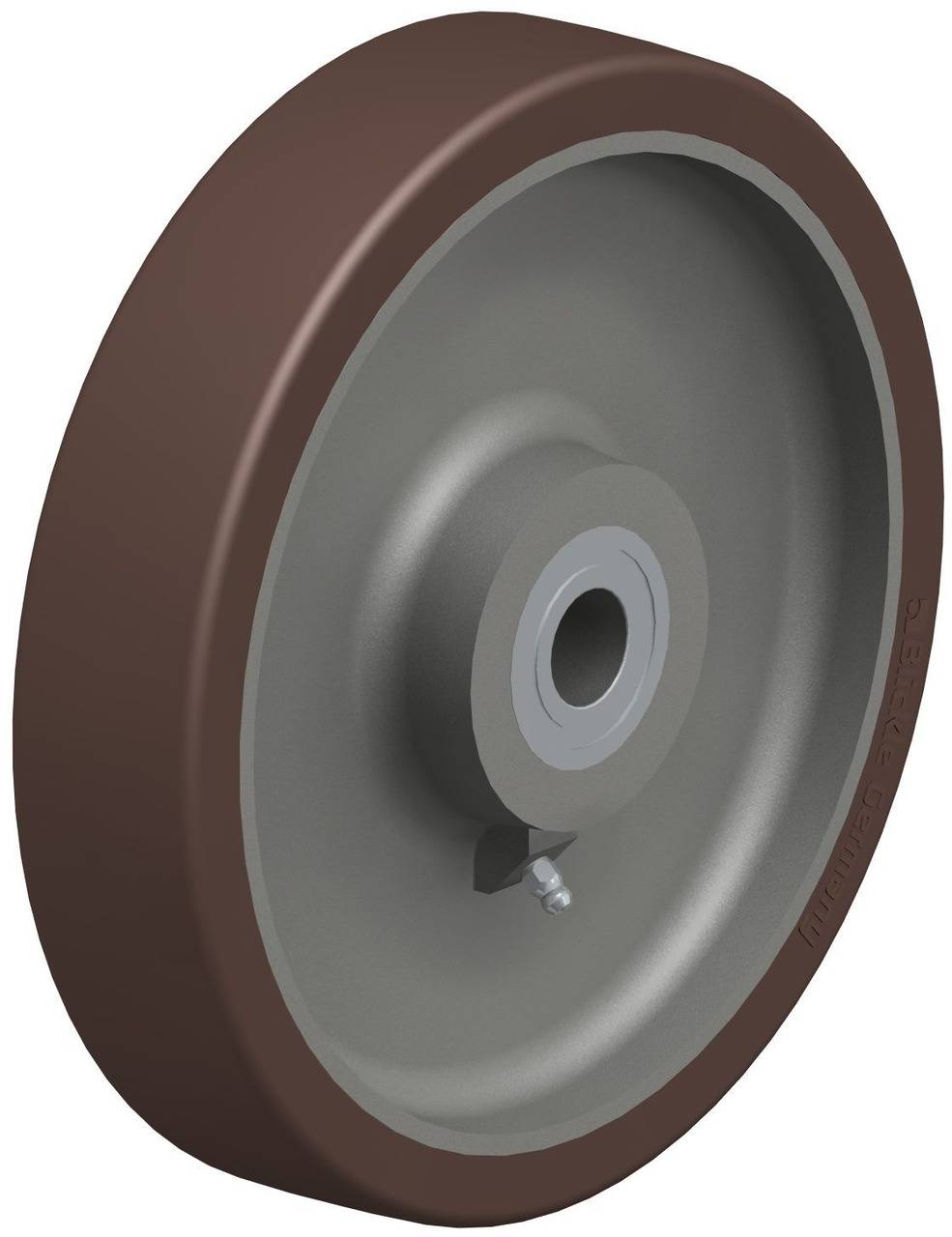 Braunes Rad aus Kunststoff mit Metallachse, seitliche Profilansicht. Verwendet für industrielle Transportanwendungen.
