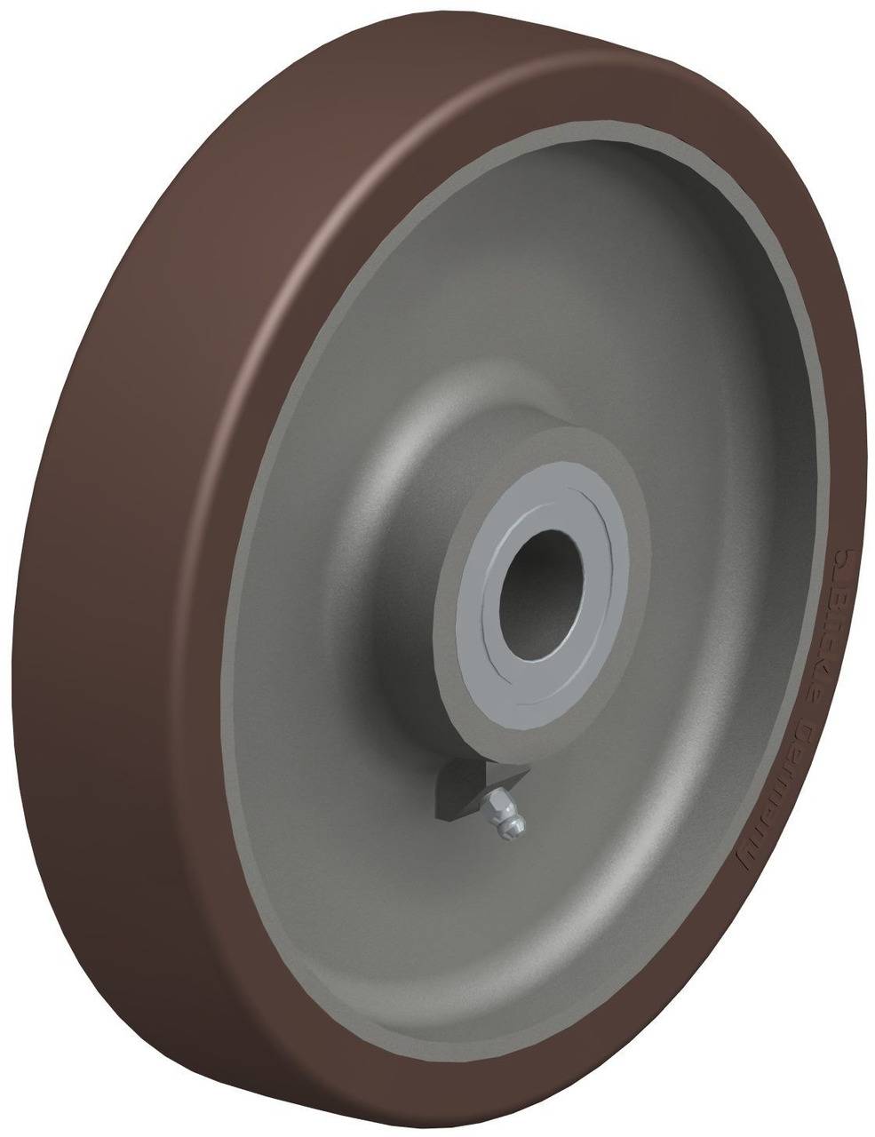 Industrie-Rad mit braunem Gummireifen, grauer Felge und silbernem Kugellager, geeignet für schwere Lasten und robuste Anwendungen.